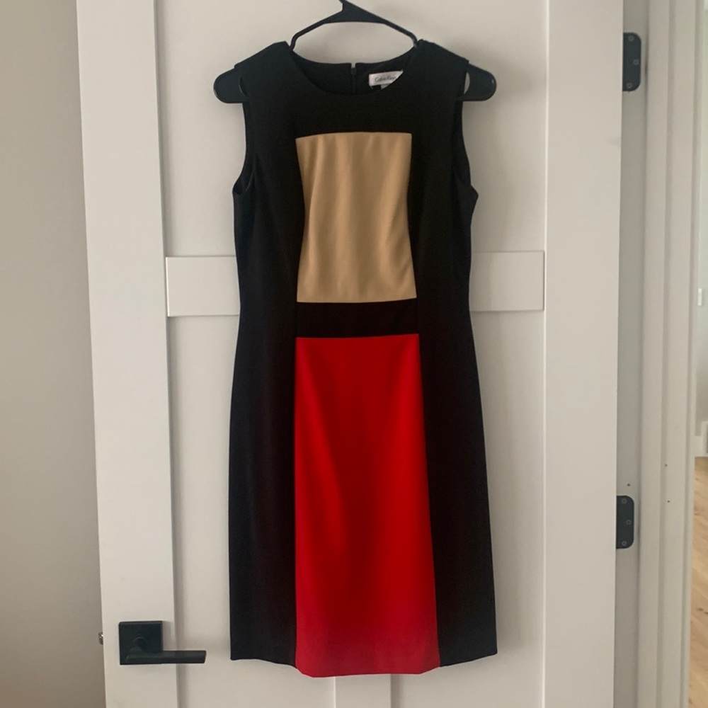 Calvin Klein black, red and tan dress